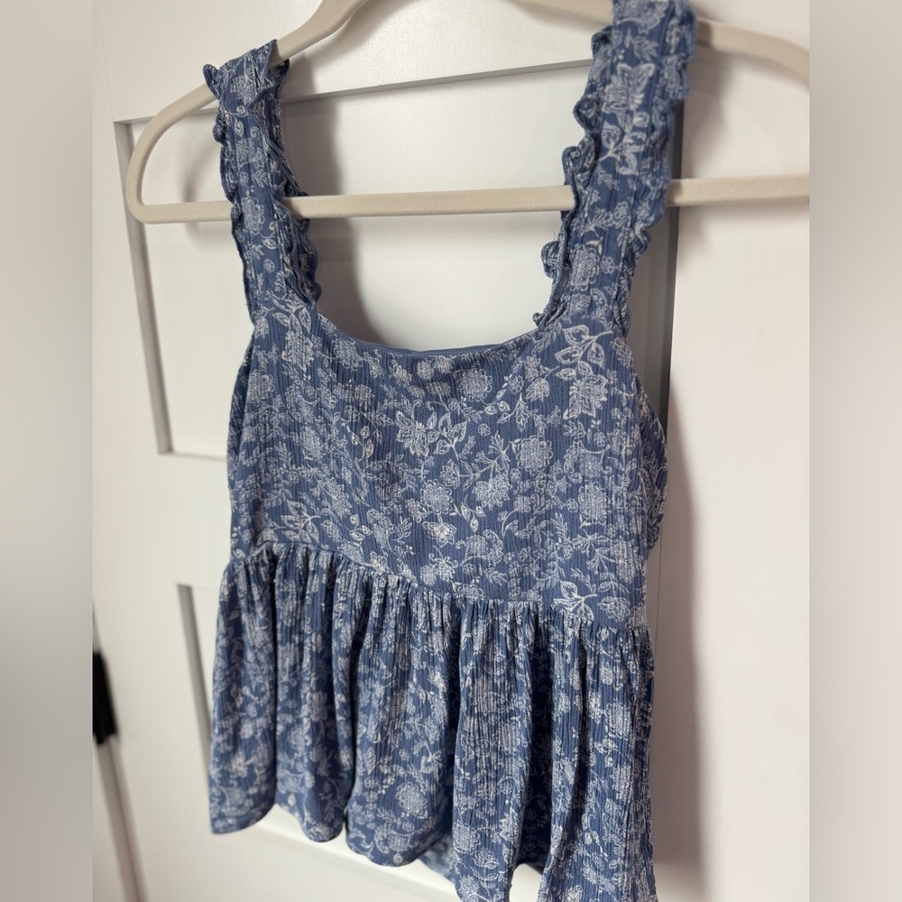 Blue Floral Ruffle Strap Tank Top